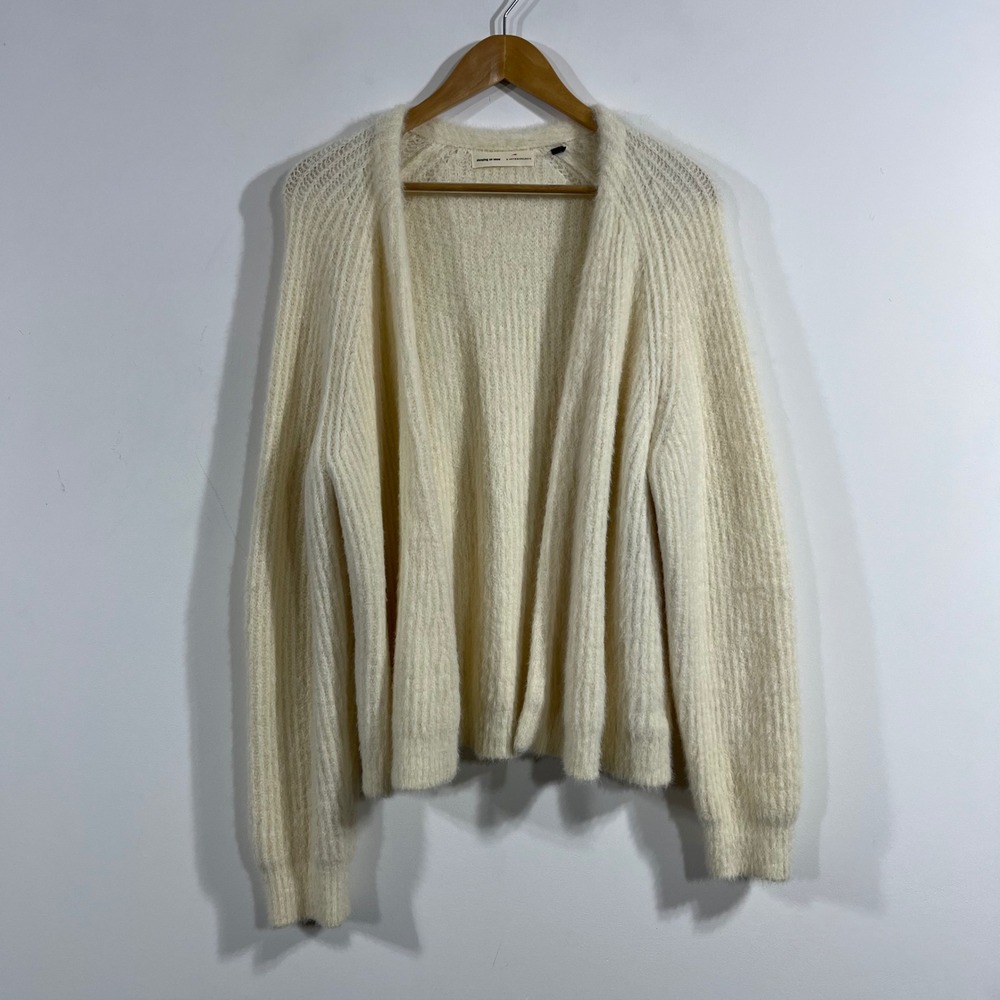 Anthropologie Sleeping on Snow Cream Fuzzy Ribbed Open Front Cardigan Large Boho